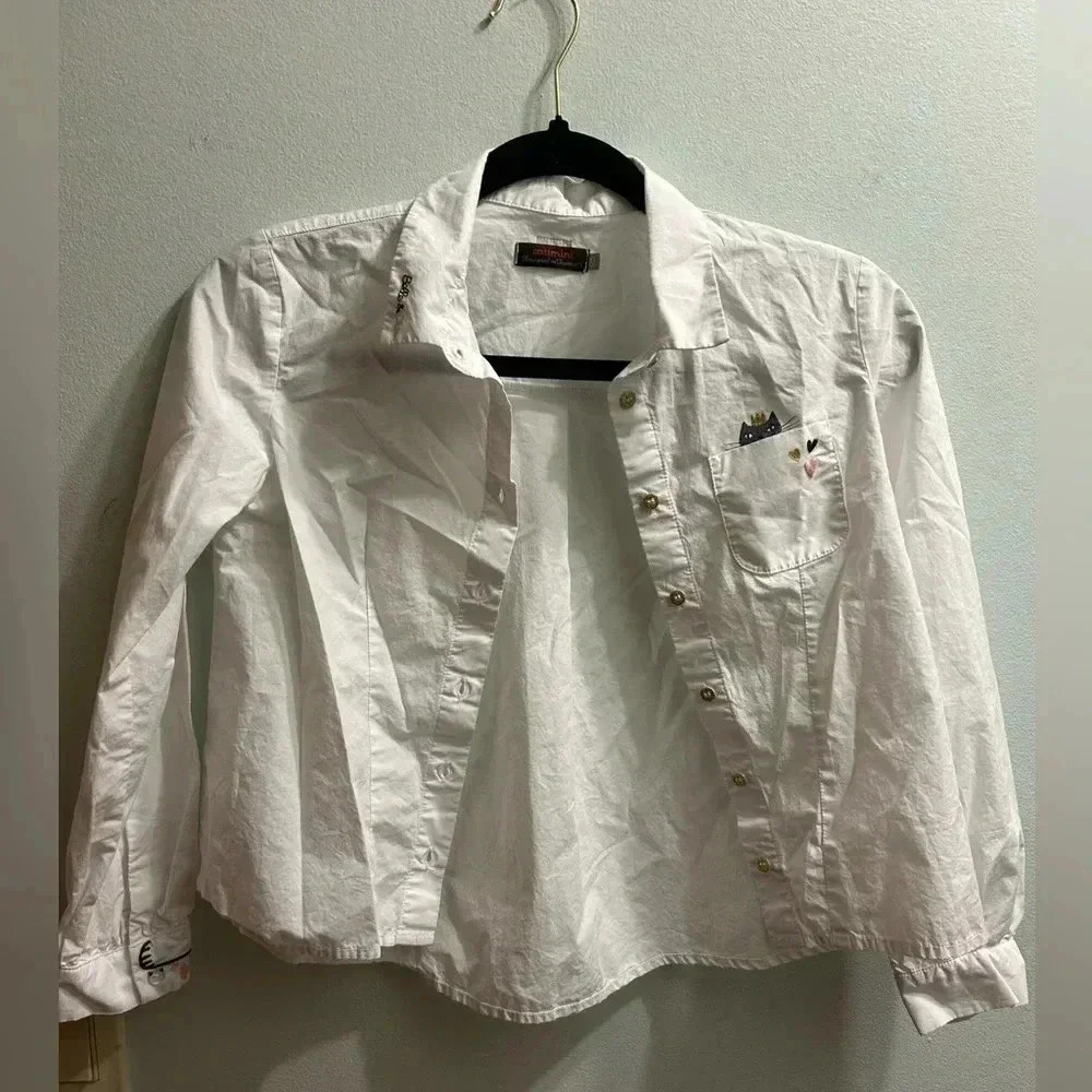 Girl’s Catimini White Embroidered Button Down Cat Blouse Size 10